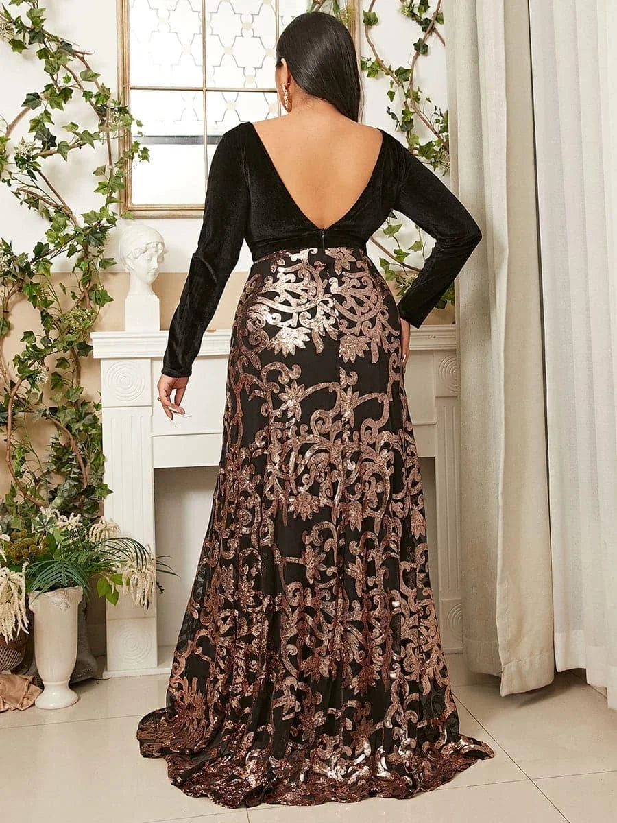 Elegant A-Line Deep V Neck Long Sleeve Backless Floor-Length Plus Size Prom Dress