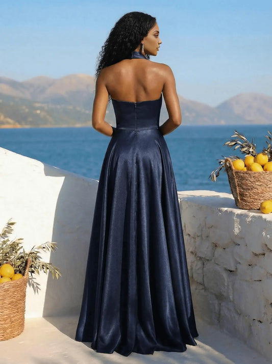 Elegant A-Line Halter Neck Sleeveless Split Satin Floor-Length Prom Dress