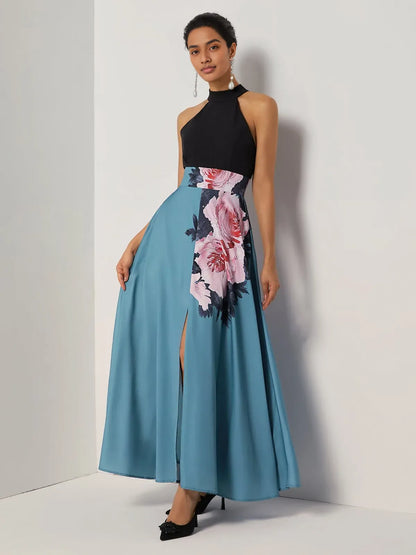Elegant A-Line Halter Sleeveless Zipper Up Floor-Length Evening Dress