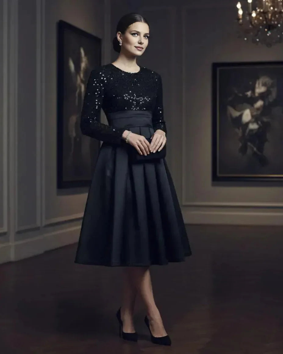 Elegant A-Line High Neck Long Sleeve Pleated Satin Tea-Length Prom Dress