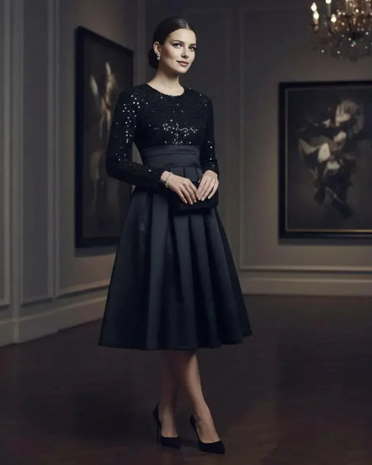 Elegant A-Line High Neck Long Sleeve Pleated Satin Tea-Length Prom Dress