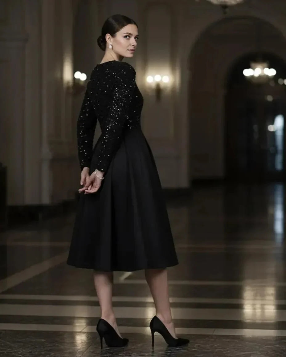 Elegant A-Line High Neck Long Sleeve Pleated Satin Tea-Length Prom Dress
