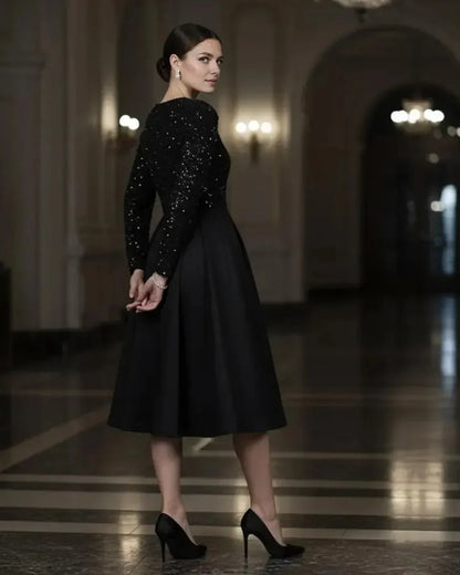 Elegant A-Line High Neck Long Sleeve Pleated Satin Tea-Length Prom Dress