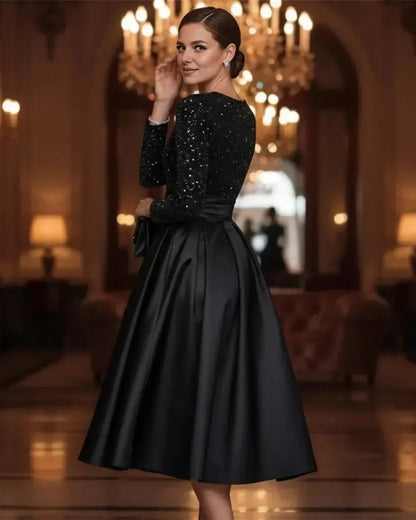 Elegant A-Line High Neck Long Sleeve Pleated Satin Tea-Length Prom Dress