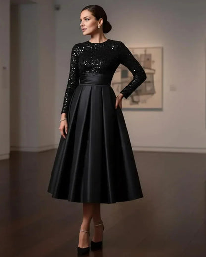 Elegant A-Line High Neck Long Sleeve Pleated Satin Tea-Length Prom Dress