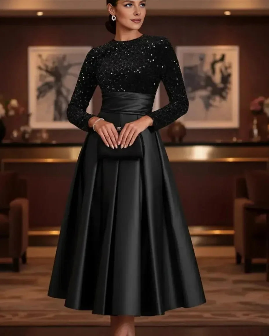 Elegant A-Line High Neck Long Sleeve Pleated Satin Tea-Length Prom Dress