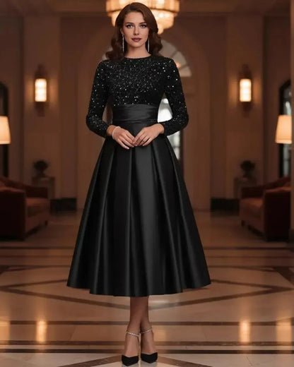 Elegant A-Line High Neck Long Sleeve Pleated Satin Tea-Length Prom Dress