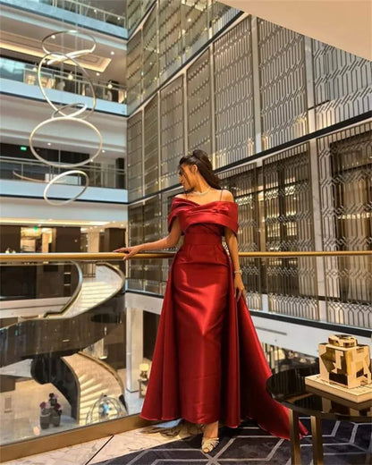 Elegant A-Line Off-The-Shoulder Sleeveless Pleated Satin Sweep Train Prom Dress