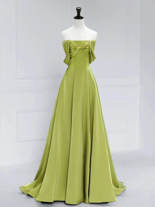 Elegant A-Line Off Shoulder Satin Green Long Prom Dress