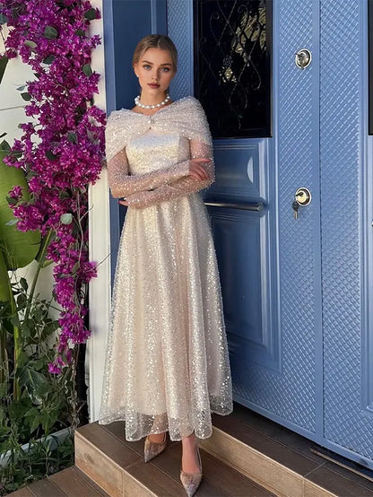Elegant A-Line Off Shoulder Long Sleeve Sequins Tea Length Prom Dress