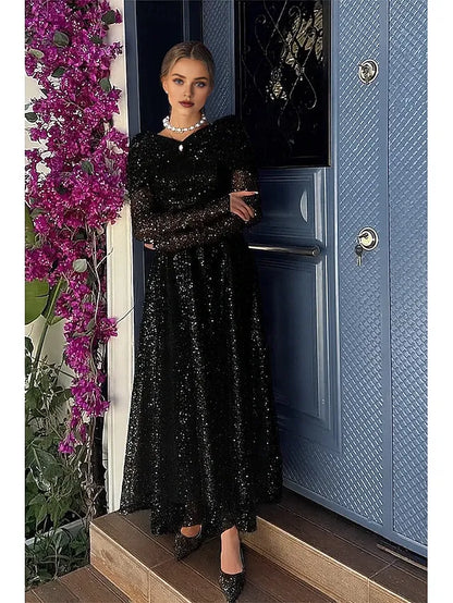 Elegant A-Line Off Shoulder Long Sleeve Sequins Tea Length Prom Dress