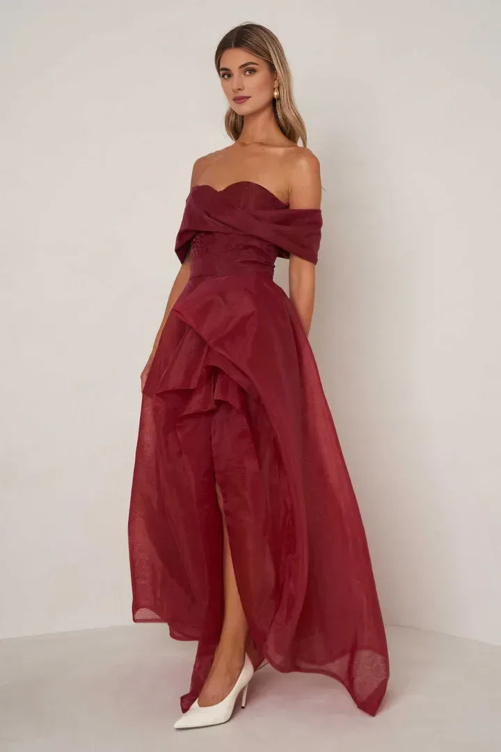 Elegant A-Line Off the Shoulder Sleeveless Backless Floor-Length Prom Dress