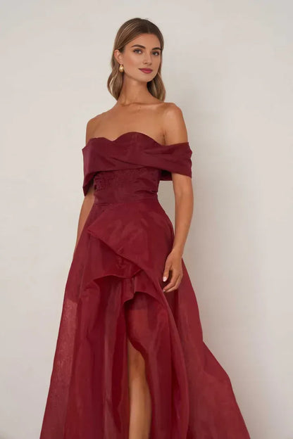 Elegant A-Line Off the Shoulder Sleeveless Backless Floor-Length Prom Dress