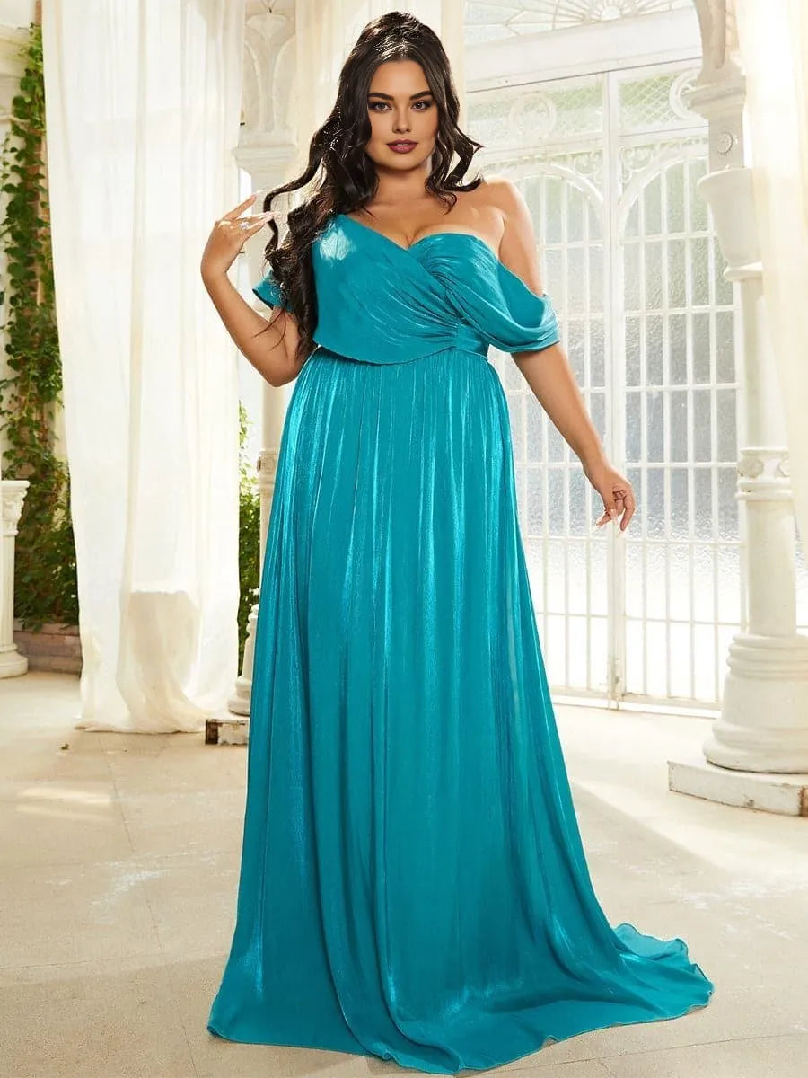 Elegant A-Line One-Shoulder Cap Sleeve Backless Floor-Length Plus Size Prom Dress
