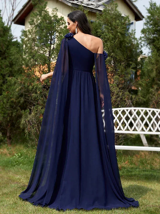 Elegant A-Line One Shoulder Cape Sleeve Chiffon Navy Blue Floor-Length Prom Dress