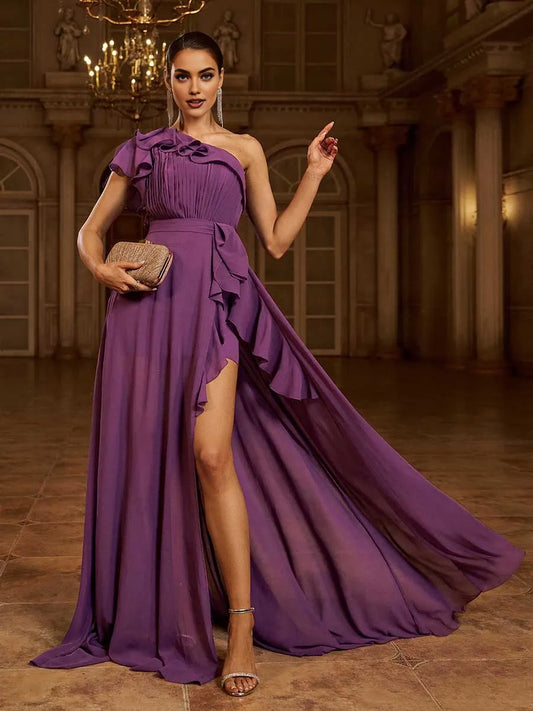 Elegant A-Line One Shoulder Ruffles Sleeve Zipper Up Sweep/Brush Train Prom Dress