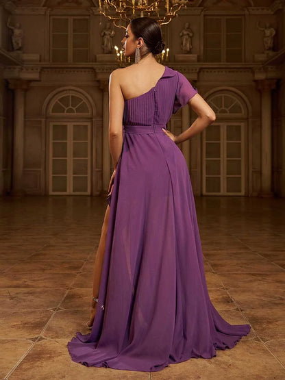 Elegant A-Line One Shoulder Ruffles Sleeve Zipper Up Sweep/Brush Train Prom Dress