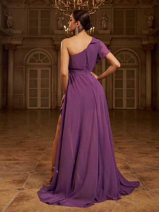 Elegant A-Line One Shoulder Ruffles Sleeve Zipper Up Sweep/Brush Train Prom Dress