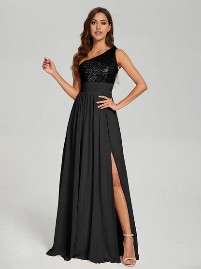 Elegant A-Line One Shoulder Sleeveless Zipper Up Floor-Length Prom Dress