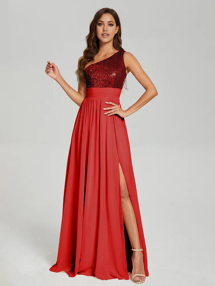 Elegant A-Line One Shoulder Sleeveless Zipper Up Floor-Length Prom Dress