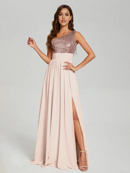 Elegant A-Line One Shoulder Sleeveless Zipper Up Floor-Length Prom Dress
