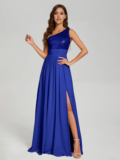 Elegant A-Line One Shoulder Sleeveless Zipper Up Floor-Length Prom Dress