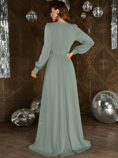 Elegant A-Line Plunging Neck Long Sleeve Zipper Up Floor-Length Prom Dress