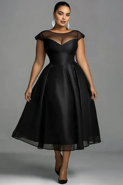 Elegant A-Line Round Neck Cap Sleeve Zipper Up Pleated Midi Length Prom Dress