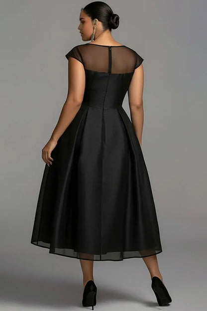 Elegant A-Line Round Neck Cap Sleeve Zipper Up Pleated Midi Length Prom Dress