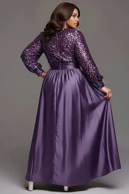 Elegant A-Line Round Neck Long Sleeve Sequins Floor Length Plus Size Prom Dress