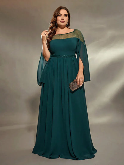 Elegant A-Line Round Neck Split Sleeve Keyhole Floor-Length Plus Size Prom Dress