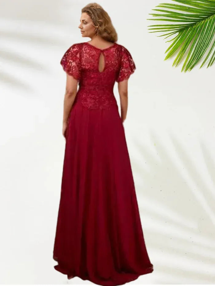 Elegant A-Line Scoop-neck Flare Sleeves Chiffon Floor-Length Mother of the Bride Dress