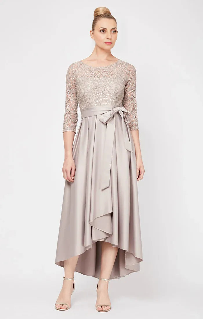 Elegant A-Line Scoop Neck Long Sleeve Satin Tea-Length Mother of the Bride Dress
