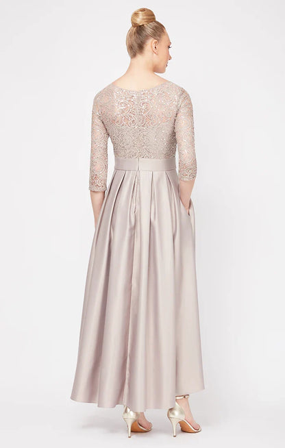 Elegant A-Line Scoop Neck Long Sleeve Satin Tea-Length Mother of the Bride Dress
