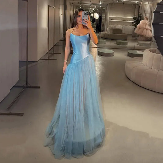 Elegant A-Line Sleeveless V-Neck Tulle Pleated Floor-Length Evening Dress