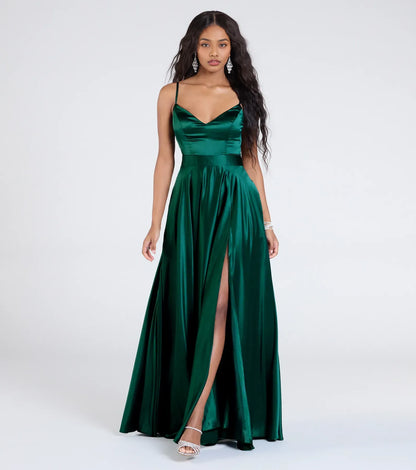 Elegant A-Line Spaghetti Straps Sleeveless Satin Floor-Length Prom Dress