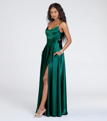 Elegant A-Line Spaghetti Straps Sleeveless Satin Floor-Length Prom Dress