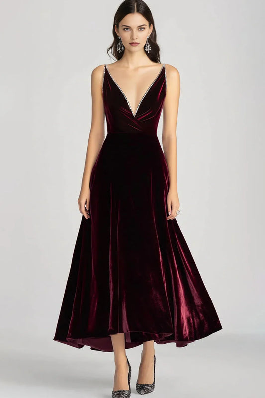 Elegant A-Line Spaghetti Straps Sleeveless Velvet Ankle-Length Evening Dress