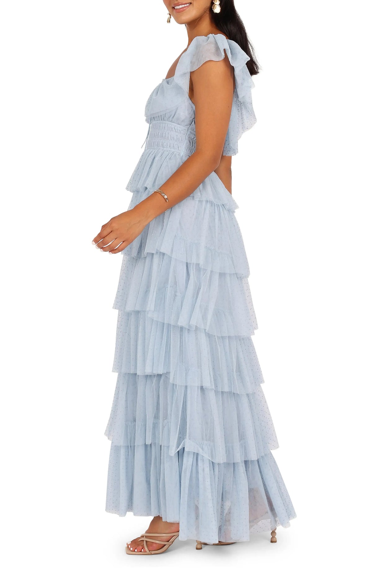 Elegant A-Line Square Neck Cap Sleeve Backless Floor-Length Prom Dress