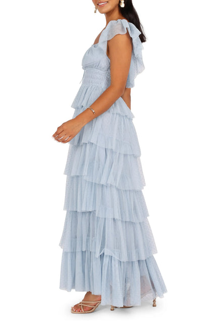 Elegant A-Line Square Neck Cap Sleeve Backless Floor-Length Prom Dress