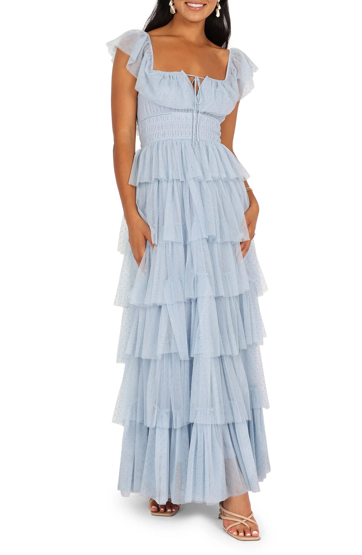Elegant A-Line Square Neck Cap Sleeve Backless Floor-Length Prom Dress
