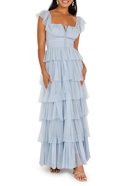 Elegant A-Line Square Neck Cap Sleeve Backless Floor-Length Prom Dress