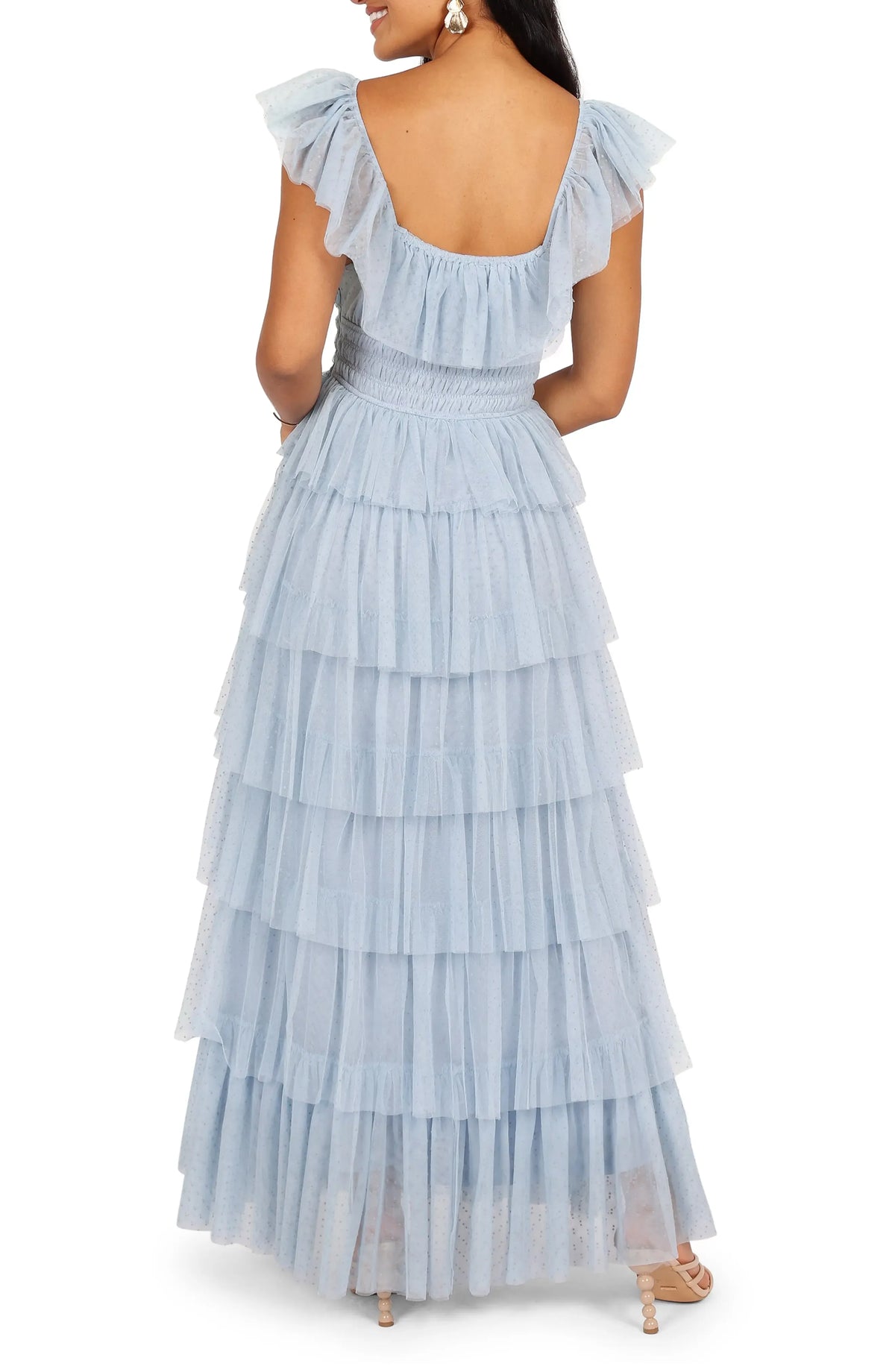 Elegant A-Line Square Neck Cap Sleeve Backless Floor-Length Prom Dress