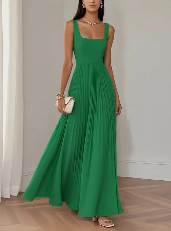 Elegant A-Line Square Neck Sleeveless Back Zip Floor-Length Evening Dress