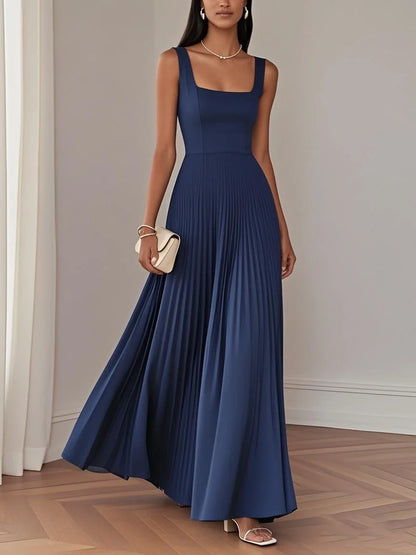 Elegant A-Line Square Neck Sleeveless Back Zip Floor-Length Evening Dress