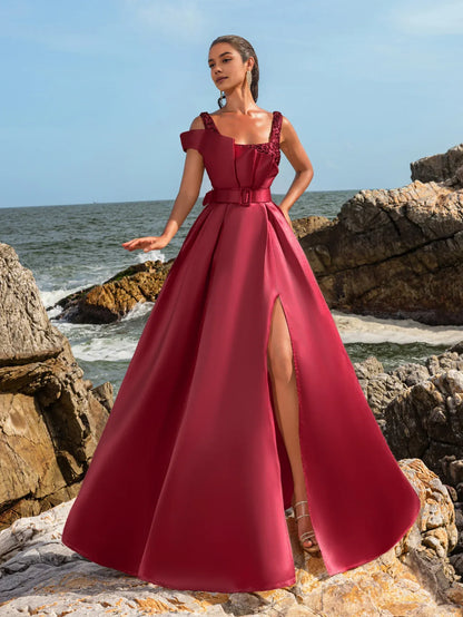 Elegant A-Line Square Neck Sleeveless Backless Floor-Length Prom Dress