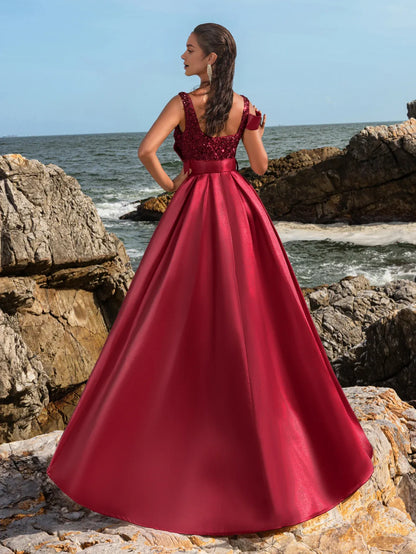 Elegant A-Line Square Neck Sleeveless Backless Floor-Length Prom Dress