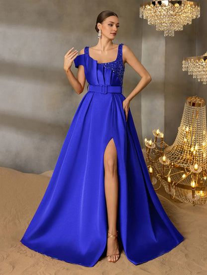Elegant A-Line Square Neck Sleeveless Backless Floor-Length Prom Dress