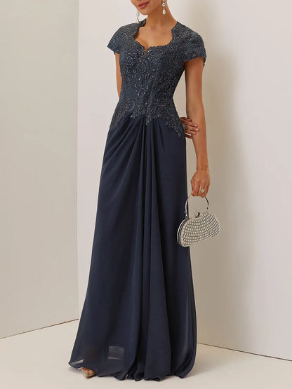 Elegant Beaded‑Lace A‑Line Queen‑Anne‑Neck Short‑Cap‑Sleeve Keyhole‑Back Ruched‑Chiffon Floor‑Length Evening Dresses