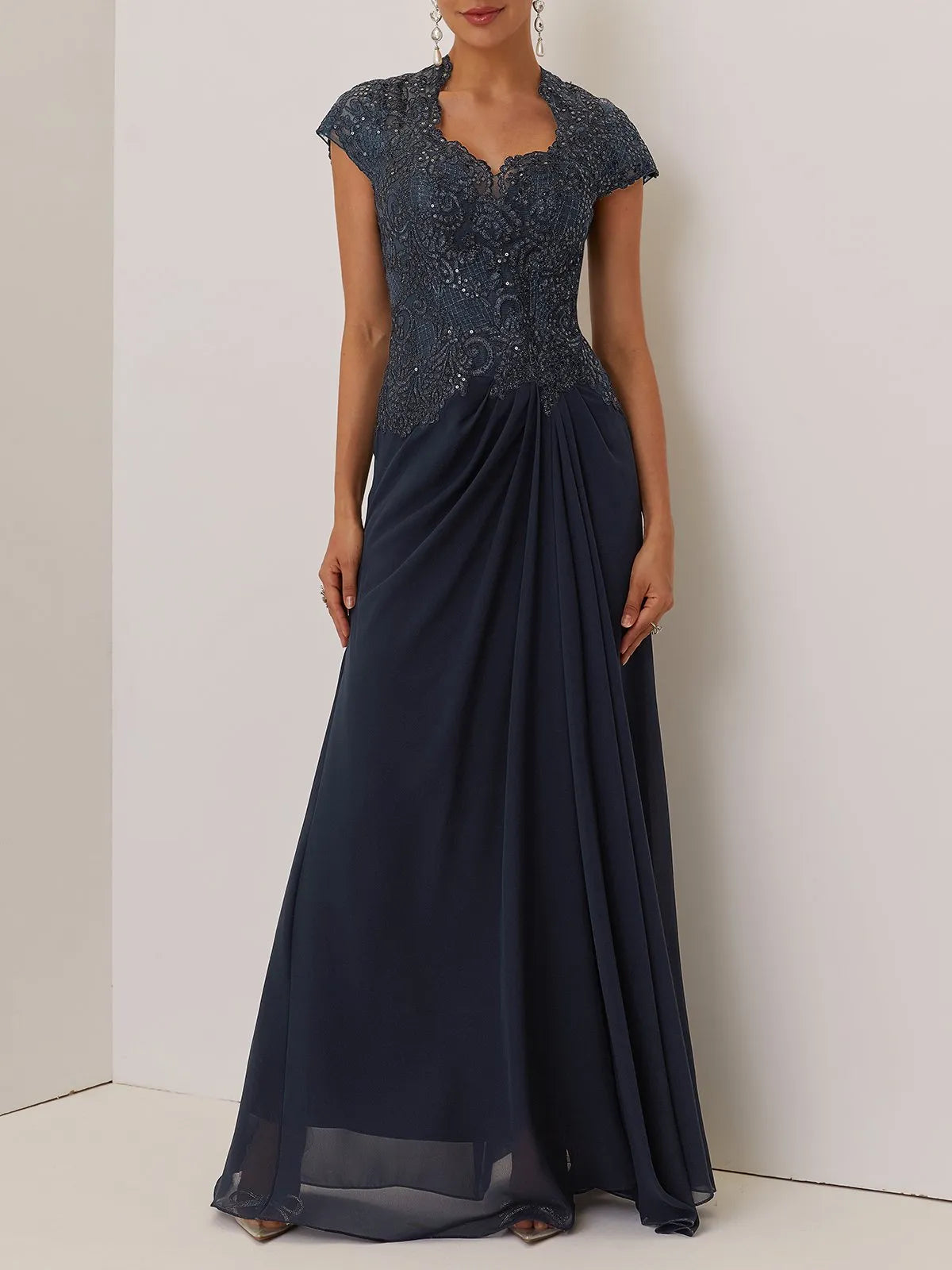 Elegant Beaded‑Lace A‑Line Queen‑Anne‑Neck Short‑Cap‑Sleeve Keyhole‑Back Ruched‑Chiffon Floor‑Length Evening Dresses